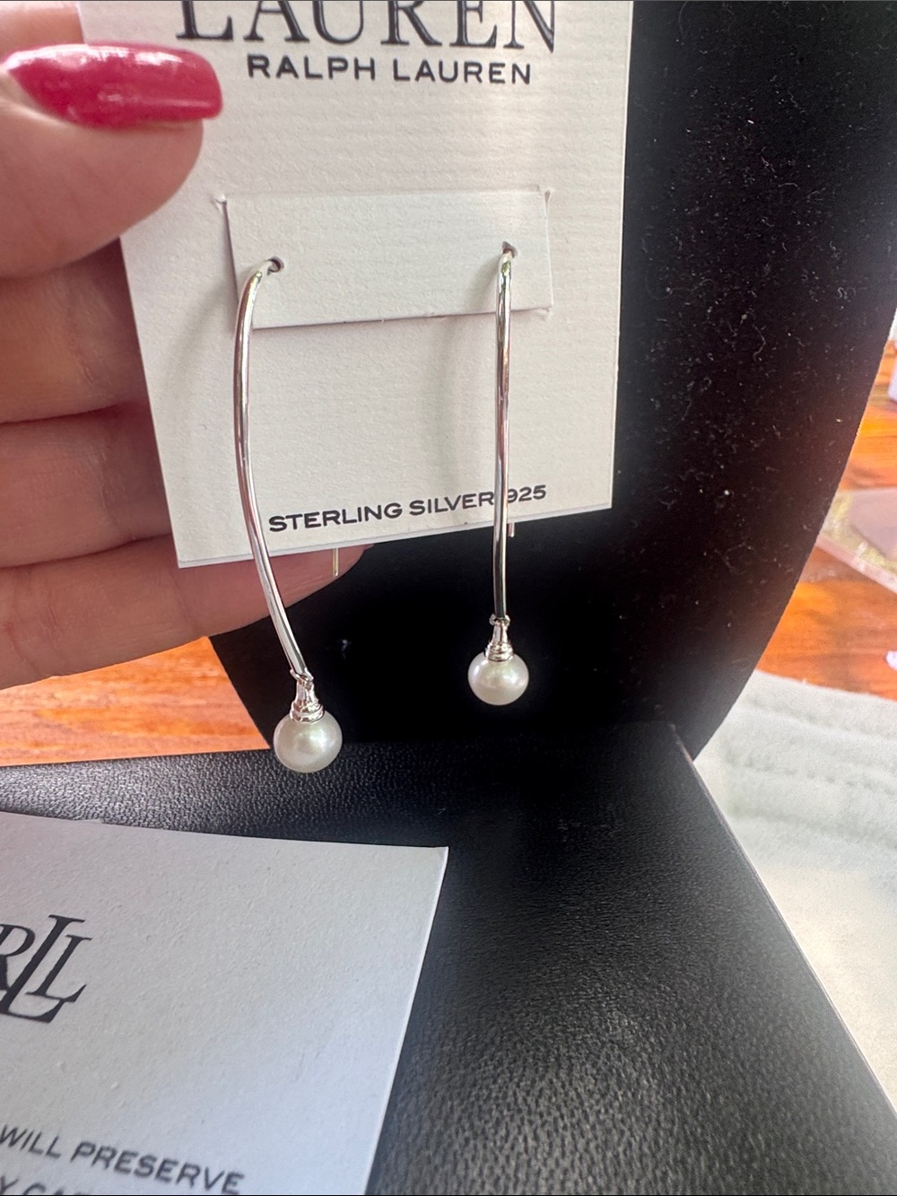 Lauren Ralph Lauren Silver Curved Drop Earrings with White Pearls